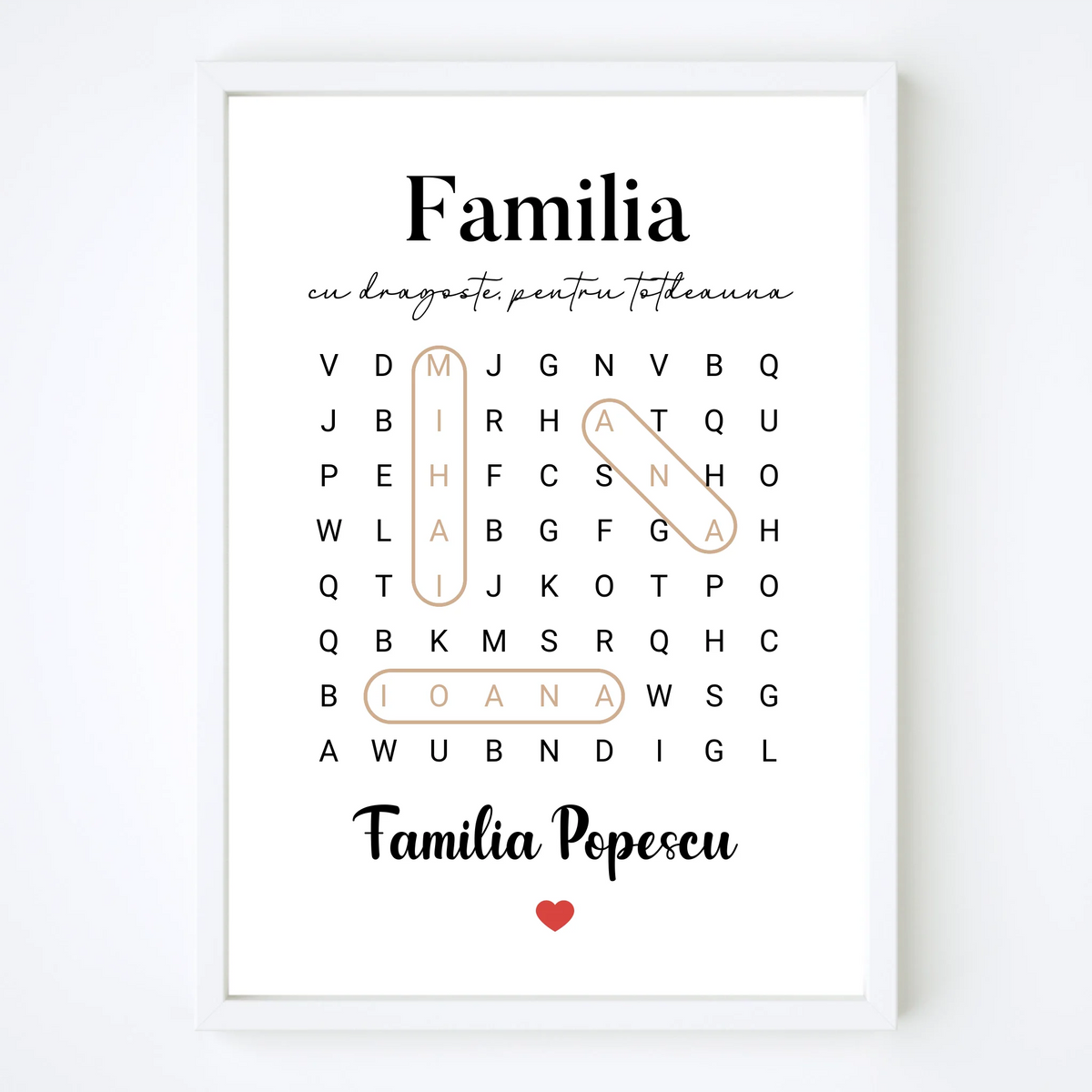 Tablou personalizat tip word search cu numele familiei